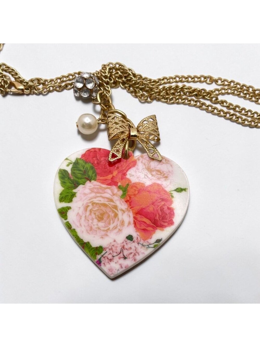 Floral Rose Heart Charm Pendant Necklace Gold Tone Chain Bow Pearl Accents